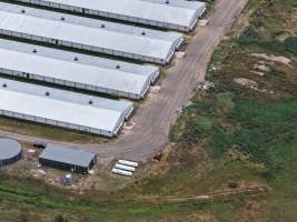Drone flyover of broiler (meat) chicken farm - Captured at Pavilion Farm 6, Anakie VIC Australia.