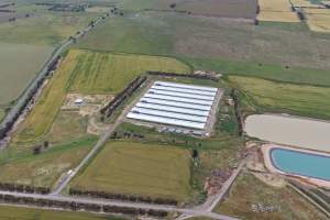 Drone flyover of broiler (meat) chicken farm - Captured at Pavilion Farm 6, Anakie VIC Australia.