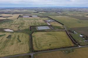 Drone flyover of broiler (meat) chicken farm - Captured at Pavilion Farm 1, Anakie VIC Australia,Pavilion Farm 2, Anakie VIC Australia,Pavilion Farm 12 (under construction), Anakie VIC Australia.