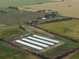 Drone flyover of broiler (meat) chicken farm - Captured at Pavilion Farm 1, Anakie VIC Australia.