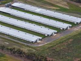 Drone flyover of broiler (meat) chicken farm - Captured at Pavilion Farm 1, Anakie VIC Australia.