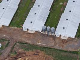 Drone flyover of broiler (meat) chicken farm - Captured at Pavilion Farm 1, Anakie VIC Australia.