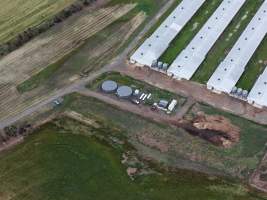 Drone flyover of broiler (meat) chicken farm - Captured at Pavilion Farm 1, Anakie VIC Australia.