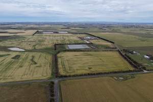 Drone flyover of broiler (meat) chicken farm - Captured at Pavilion Farm 1, Anakie VIC Australia.