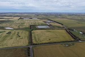 Drone flyover of broiler (meat) chicken farm - Captured at Pavilion Farm 1, Anakie VIC Australia.