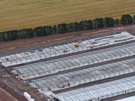 Drone flyover of broiler (meat) chicken farm - Captured at Pavilion Farm 12 (under construction), Anakie VIC Australia.
