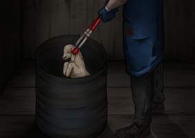 Artist rendition of baby goat slaughter at the Game Meats Company slaughterhouse - These artworks were created based on descriptions from those who have seen the footage, which cannot itself be published due to an injunction imposed by the Federal Court of Australia, as well as reference images from other slaughterhouses that FTP has investigated. At no point were stills or footage from the Game Meats Company viewed by the artists.
Artwork by: @jess_hartartist - Captured at Game Meats Company Slaughterhouse, Eurobin VIC Australia.