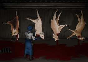 Artist rendition of goat slaughter at the Game Meats Company slaughterhouse - These artworks were created based on descriptions from those who have seen the footage, which cannot itself be published due to an injunction imposed by the Federal Court of Australia, as well as reference images from other slaughterhouses that FTP has investigated. At no point were stills or footage from the Game Meats Company viewed by the artists.
Artwork by: @jess_hartartist - Captured at Game Meats Company Slaughterhouse, Eurobin VIC Australia.