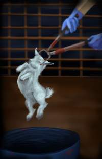 Artist rendition of baby goat slaughter at the Game Meats Company slaughterhouse - These artworks were created based on descriptions from those who have seen the footage, which cannot itself be published due to an injunction imposed by the Federal Court of Australia, as well as reference images from other slaughterhouses that FTP has investigated. At no point were stills or footage from the Game Meats Company viewed by the artists.
Artwork by: @pigeonwren.art - Captured at Game Meats Company Slaughterhouse, Eurobin VIC Australia.