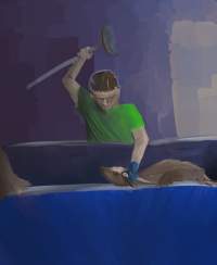 Artist rendition of goat slaughter at the Game Meats Company slaughterhouse - These artworks were created based on descriptions from those who have seen the footage, which cannot itself be published due to an injunction imposed by the Federal Court of Australia, as well as reference images from other slaughterhouses that FTP has investigated. At no point were stills or footage from the Game Meats Company viewed by the artists.
Artwork by: @pigeonwren.art - Captured at Game Meats Company Slaughterhouse, Eurobin VIC Australia.