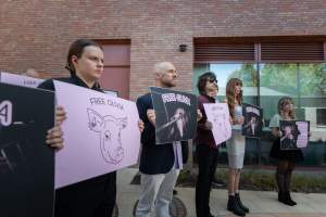 Free Olivia - 5 February 2026 - Images taken of supporters outside the Bendigo Magistrates' Court. The magistrate dismissed all charges against the man responsible for the r*pe of Olivia, a sow from Midland Bacon piggery. - Captured at Midland Bacon, Carag Carag VIC Australia.