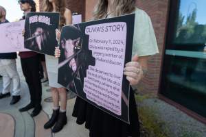Free Olivia - 5 February 2026 - Images taken of supporters outside the Bendigo Magistrates' Court. The magistrate dismissed all charges against the man responsible for the r*pe of Olivia, a sow from Midland Bacon piggery. - Captured at Midland Bacon, Carag Carag VIC Australia.
