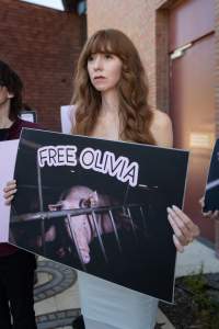Free Olivia - 5 February 2026 - Images taken of supporters outside the Bendigo Magistrates' Court. The magistrate dismissed all charges against the man responsible for the r*pe of Olivia, a sow from Midland Bacon piggery. - Captured at Midland Bacon, Carag Carag VIC Australia.