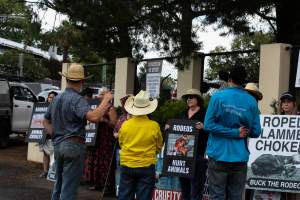 Rodeo-Goers interact with Protest outside of Queanbeyan Rodeo - Photos taken at a protest organised by Animal Liberation ACT and Animal Defenders Office outside of Queanbeyan Rodeo, where animals such as horse and cattle have been seen and recorded being chased, mistreated, and tormented. Several rodeo-goers were seen harassing protestors, including making misogynistic and transphobic remarks. - Captured at NSW.