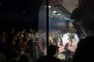 Spectators look on at penguin enclosure at Sea World - Captured at Sea World, Main Beach QLD Australia.