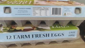 Farm Fresh Eggs - First Choice Farms - First Choice Farms label of cage eggs for 192 Sixth Avenue, Landilo. Listed as Pirovic - Captured at Pirovic Family Farms, Llandilo NSW Australia.