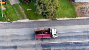 Knackery truck on road - Screenshots from drone footage showing the slaughter of ex-racing and breeding thoroughbreds and standardbreds. - Captured at Peter Loffel's Illegal Knackery, Mooroopna VIC Australia.