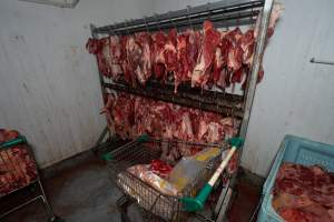 Hanging meat in chiller - Handheld photos taken at Goulburn Valley Stock Removers, owned by horse dealer Peter Loffel. Ex-racehorses are illegally killed on his residential property then transported to the knackery, where they are processed into pet food. The knackery also processes dead cows, mainly dairy cows. - Captured at Goulburn Valley Stock Removers, Shepparton North VIC Australia.