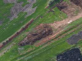 Drone flyover of dead pile at dairy farm - A pile of carcasses and skeletons of calves and cows, mixed in with dirt, on a dairy farm. - Captured at Minko North Dairy, Korunye SA Australia.