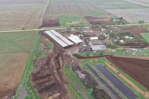 Drone flyover of dairy farm - Wide view of the farm. A herd of dairy cows in a pen, waiting to be moved into the milking shed. Old dead piles / mass graves can be seen along the left side of the property. - Captured at Minko North Dairy, Korunye SA Australia.
